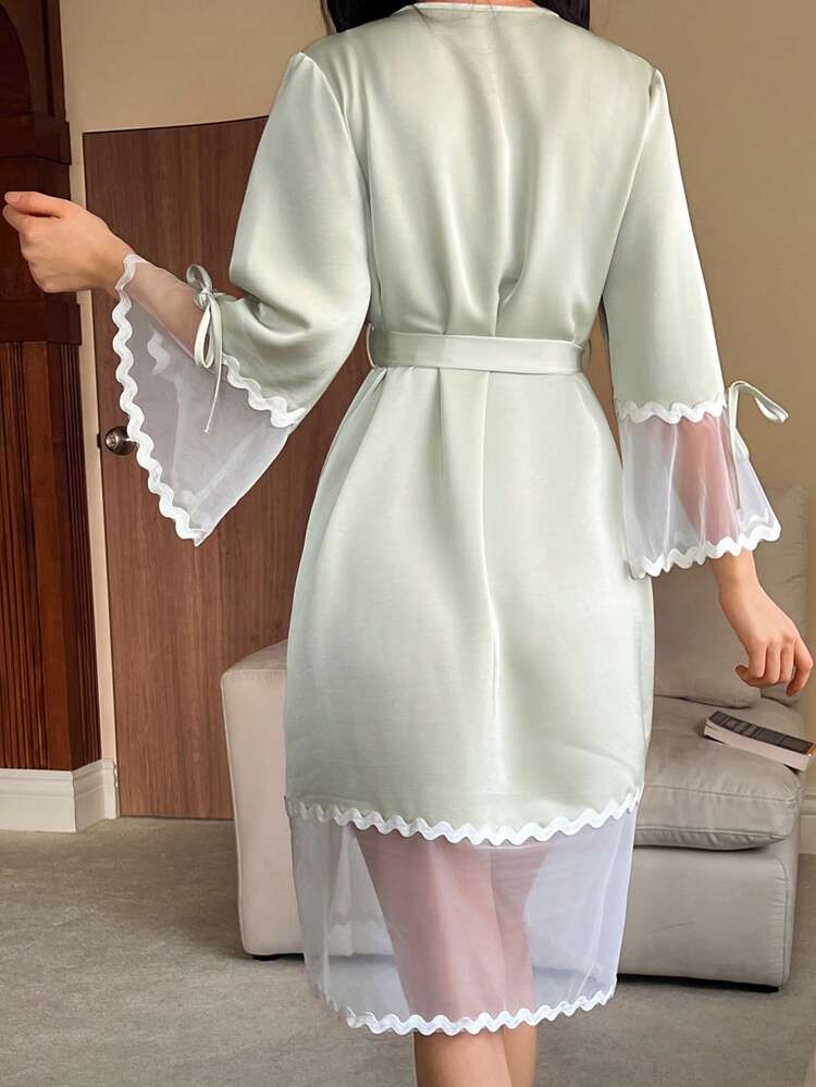 Women's Elegant Satin & Lace Patchwork Sleepwear Robe, Summer