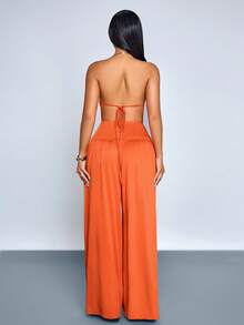 SOLERSUN Monos elegantes de verano y primavera para uso diario, de unicolor, con cuello halter, espalda descubierta, sin mangas, con pliegues y ajuste ceñido - Naranja - Ver 3