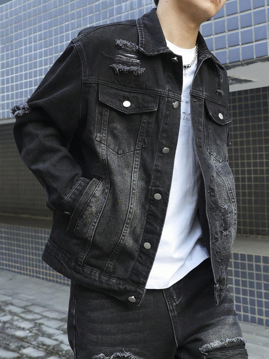 Manfinity EMRG Men's Black Distressed Denim Jacket, Loose Fit Street Style Outerwear, Spring Autumn - Black - View 1