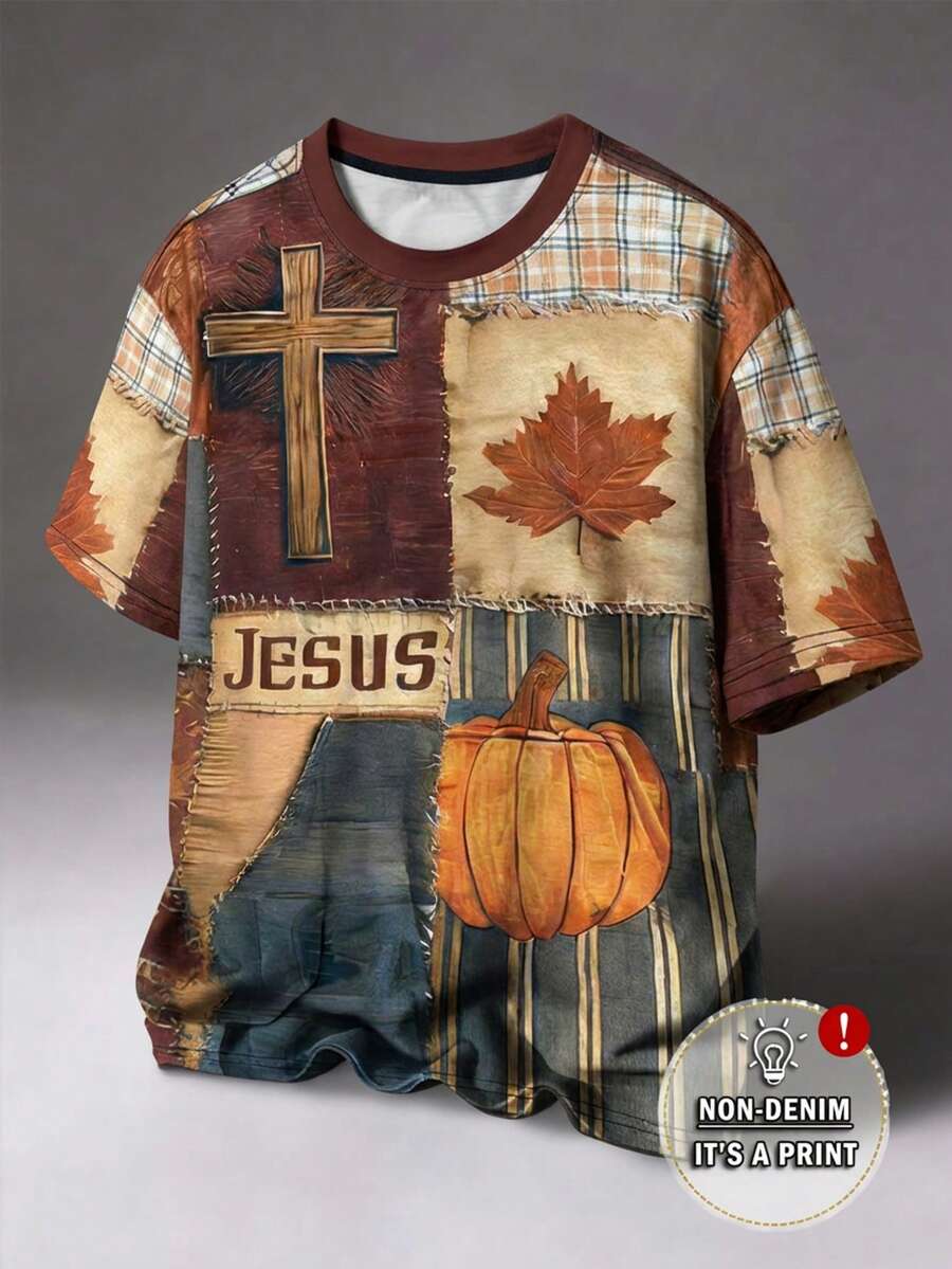 Manfinity Roghcode Men's Vintage Cross & Pumpkin Print Round Neck Short Sleeve T-Shirt - Multicolor - View 1
