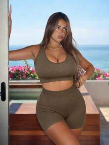 Rhythm Era 2pcs/Set Plus Size Women Deep Coffee Ribbed Knit Seamless Stretchy Sexy Racerback Tank Top And Shorts Yoga Golf Outdoor Casual Sports Set, New - Coffee Brown - View 4