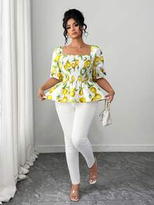 SHEIN Clasi Plus Size Women's Lemon Print Peplum Top,Elegant White Boho Lantern Sleeve Blouse, Retro Summer Holiday,Picnic Casual Tops - Multicolor - View 6