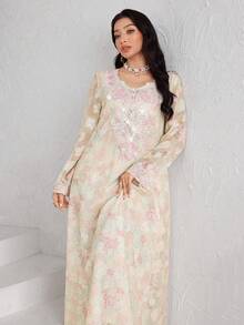 Yasmyna Đầm dài tay dáng xòe rộng in hoa thanh lịch dành cho nữ, cổ áo được trang trí cầu kỳ. - Nhiều màu - Xem 7