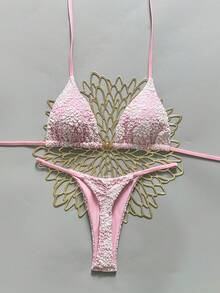 Swim Mod Bộ bikini hai mảnh gợi cảm gồm áo ngực tam giác buộc dây cổ và quần lọt khe, chất liệu vải họa tiết hoa, màu vàng ánh mặt trời, thích hợp cho mùa xuân/hè. - Nhiều màu - Xem 2