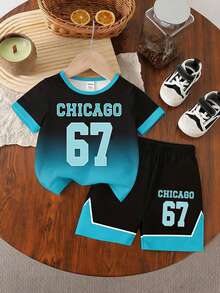 SHEIN Set de 2 piezas de camiseta de manga corta con estampado de letra degradada "Chicago 67" y pantalones cortos casuales para niños pequeños, uso cómodo para primavera, verano y otoño - Multicolor - Ver 6