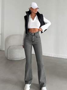SHEIN HIGH RISE FLARE FIT LIGHT BLUE JEAN, Tall Women - Grey - View 5