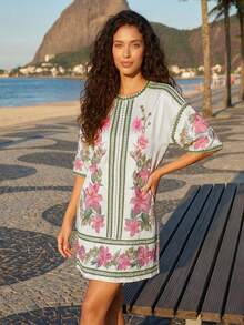 CAJUNI Tropical Vacation Embroidery Flowers Pink Knit T-Shirt Mini Dress - Pink - View 3