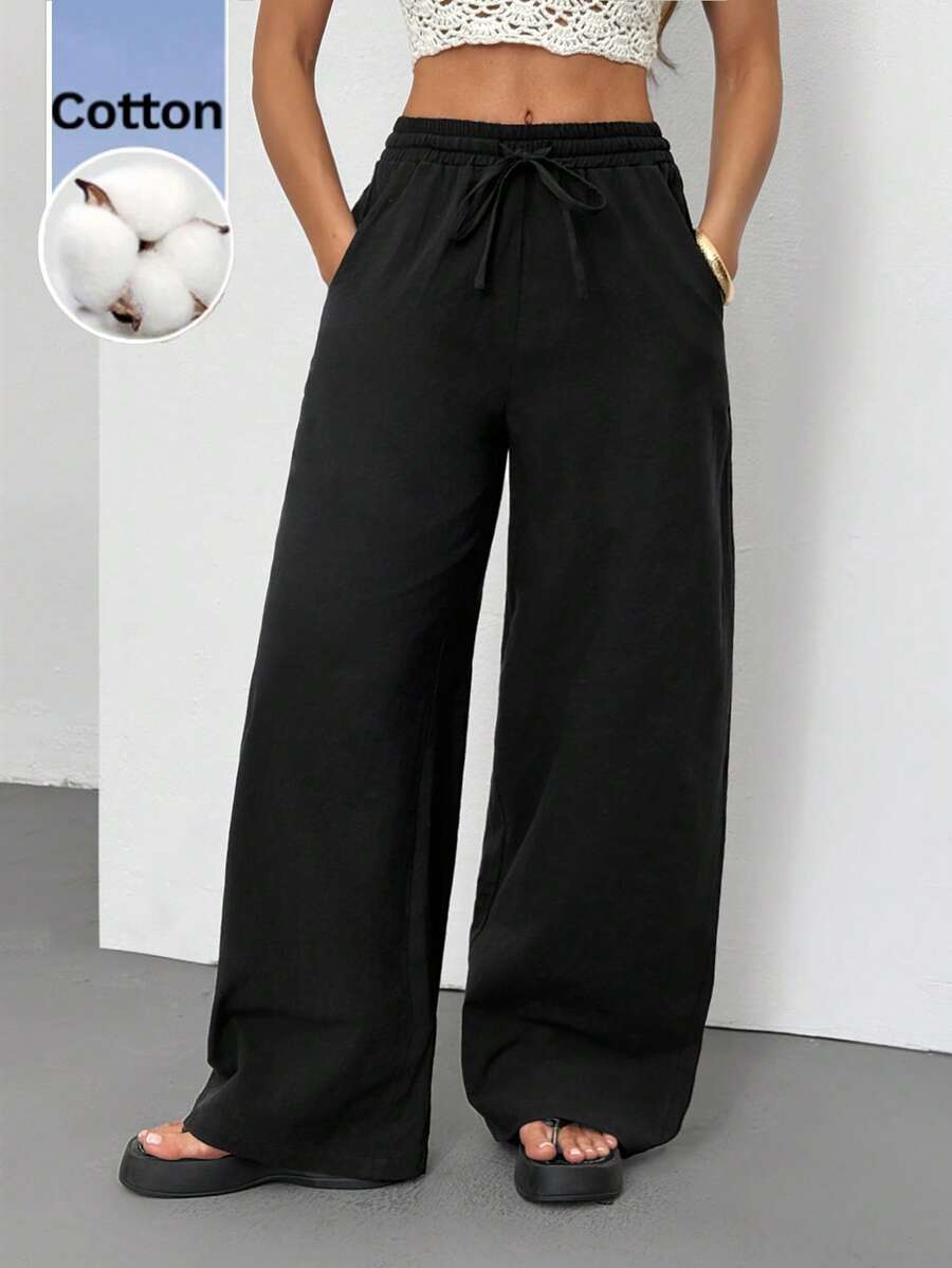 SHEIN Tall Quần nữ mùa hè/mọi mùa, phong cách đồng quê, đi xem hòa nhạc, đi biển, boho, tối giản, chất liệu 100% cotton, ống quần cong. - màu đen - Xem 1