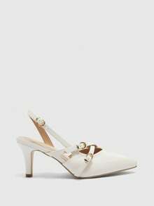 CUCCOO BIZCHIC Sepatu Hak Tinggi Wanita Ujung Lancip dengan Desain Gesper, Sepatu Musim Semi Elegan - Putih - View 4