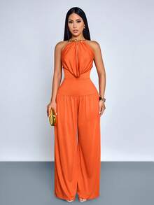 SOLERSUN Monos elegantes de verano y primavera para uso diario, de unicolor, con cuello halter, espalda descubierta, sin mangas, con pliegues y ajuste ceñido - Naranja - Ver 8