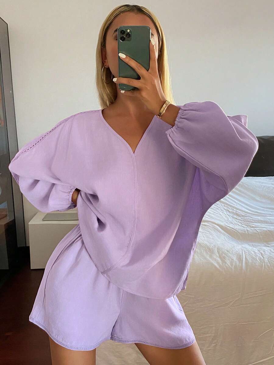 DAZY Summer Casual Loose Women Pajama Set - Purple - View 1