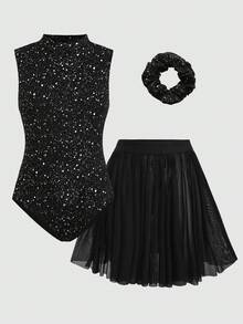 SHEIN 少女运动服三件套：闪亮优雅高弹力交叉露背紧身衣、配套打底裤和网纱裙 - 黑色 - 查看 2