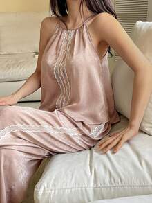DAZY Bộ đồ ngủ không tay bằng satin và ren phối hợp thanh lịch dành cho nữ, thích hợp cho mùa hè. - Màu Khaki - Xem 1