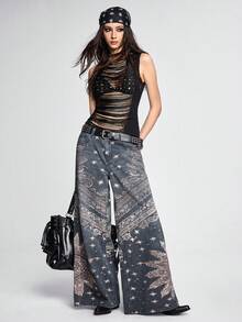 ROMWE Grunge Punk Women's Low Waist Oversized Distressed Paisley Print Full Pattern Hippie Denim Jeans - Blue - View 7