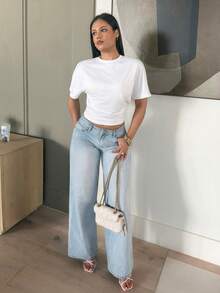 LHSEPT 女式夏季简约 Y2K 基本款日常休闲返校街头风弹力白色宽松褶皱短款 T 恤 - 白色 - 查看 2