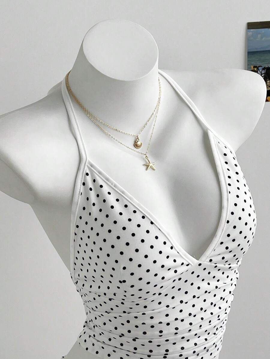 Elamini Bộ đồ nữ phong cách tối giản, áo hai dây chấm bi và chân váy ngắn. - trắng - Xem 1