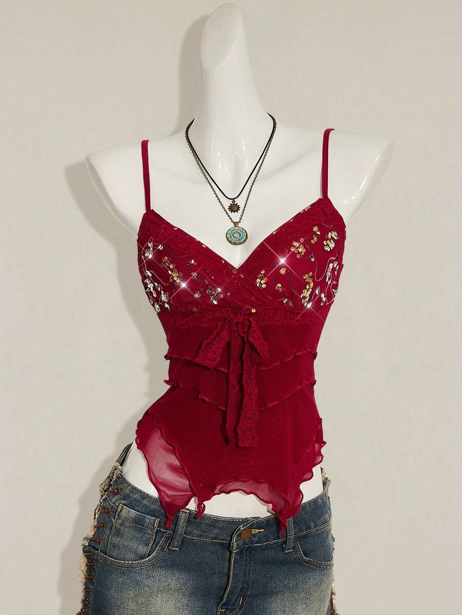 SHEIN ICON Áo hai dây cổ chữ V màu nâu đính sequin kiểu vintage dành cho nữ - Màu Đỏ Sâu - Xem 1