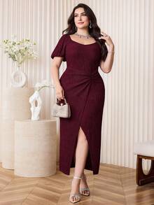 Modelyn Plus Size Women Solid Color Split Design Ruched Waist Elegant Party Dress - Burgundy - View 7