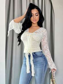 Vassilux Apricot Romantic & Elegant Front Tie Blouse, Cute T-Shirt For Women, Autumn/Winter Hollowed Costumes Women Outfit Pirate Top Princess Women Costume Going Out Tops - Apricot - View 3