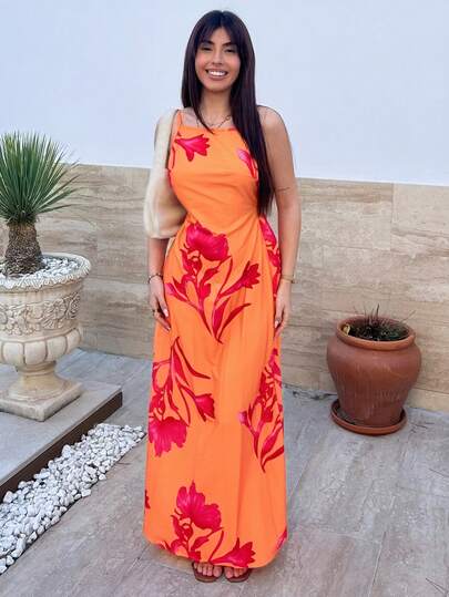 Hitanina 女士纯色休闲细肩带露背花卉印花宽松夏威夷度假太阳裙，奶油黄色