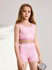 Tween Girls 2pcs Set. Leopard Print Sleeveless Sports Bra And Shorts Set, Fashionable Activewear Yoga Outfit, Pink Leopard Print Design, Sportswear Fitness Set, Suitable For Casual Sports, Yoga Wear - Multicolor - View 6