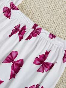 Women's Regular Fuchsia 3D Bow Tie Element Ruffle Sleeve Top And Ruffle Hem Pants Homewear Set, Made Of Soft And Comfortable Fabric, Sweet And Economical Outfit For Girls At Home - White - View 5