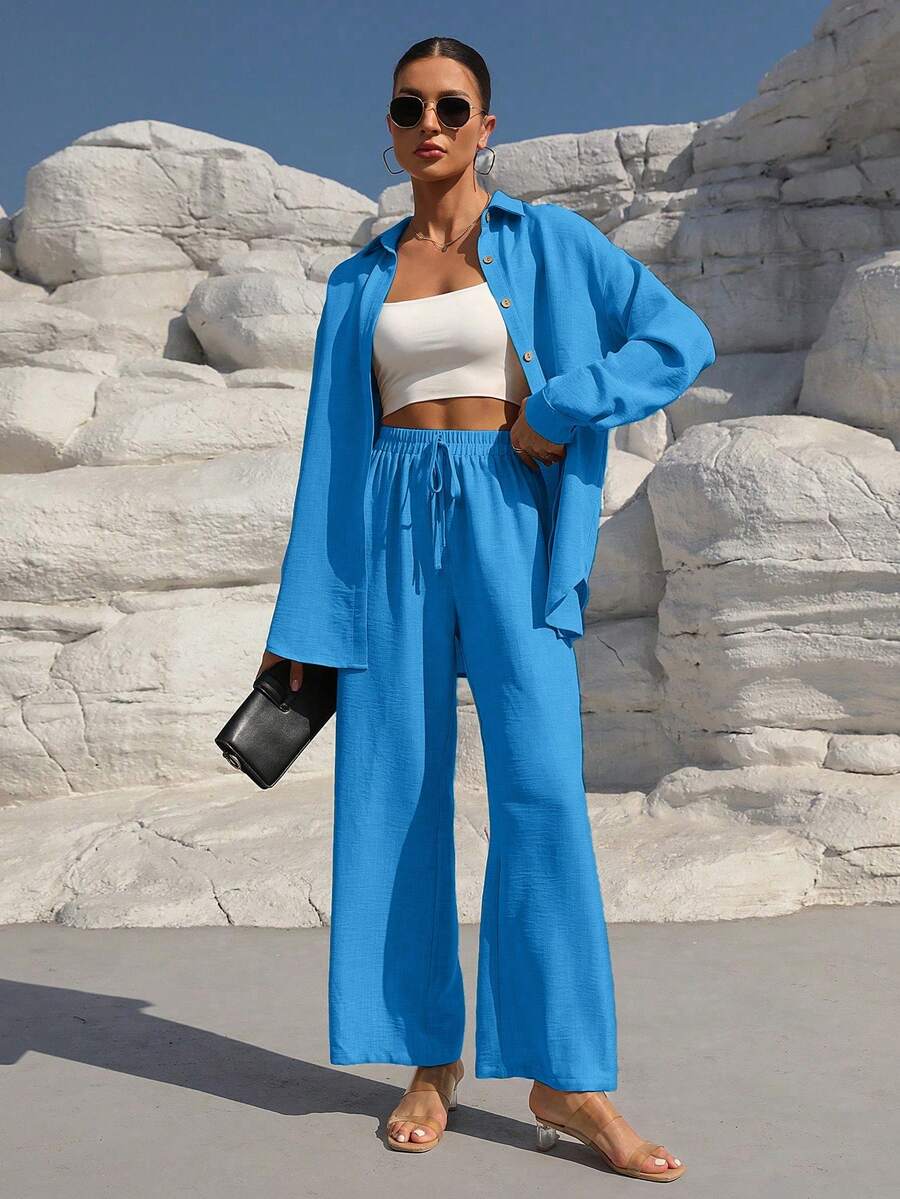 EMERY ROSE Women's Casual Commuter Solid Color Shirt And Pants 2 Pieces Set - Blue - View 1