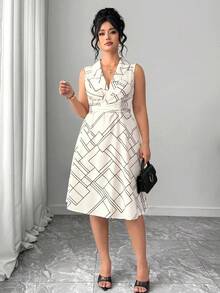 Elenzga Chic Apricot Woven Fabric Plus Size Sleeveless Dress Featuring Plaid Pattern Lapel Neck And Flared Hem - Apricot - View 6