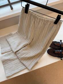 GlowEve 女士优雅亚麻休闲简约通勤办公日常度假高腰阔腿直筒米色条纹宽松裤 - 杏色 - 查看 2