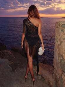 SHEIN Allurite Women's Black Lace Patchwork Fringe Top - Black - View 2