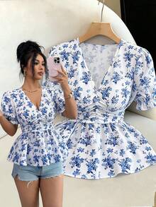 SHEIN Elenzya Áo sơ mi mùa hè thanh lịch với họa tiết dệt dành cho nữ - Màu xanh lam - Xem 1