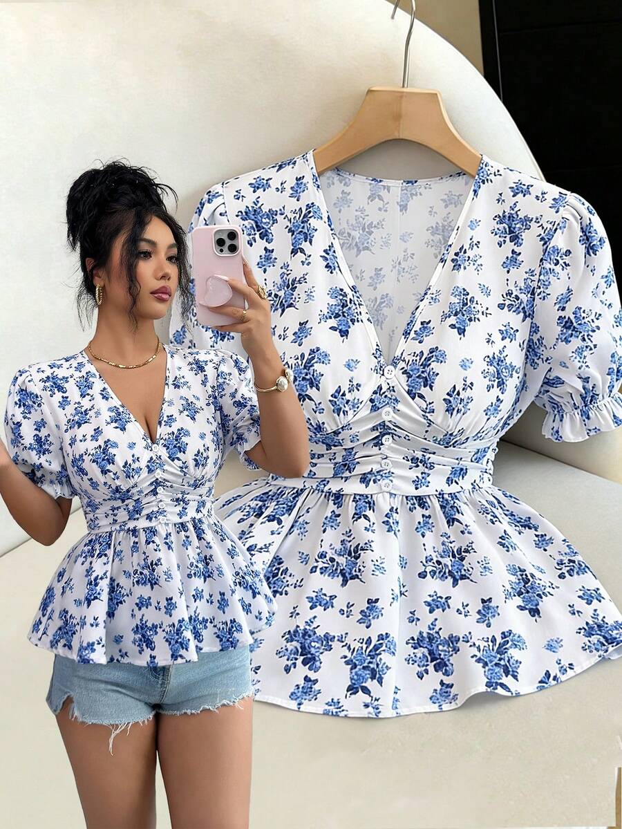 SHEIN Elenzya Áo sơ mi mùa hè thanh lịch với họa tiết dệt dành cho nữ - Màu xanh lam - Xem 1