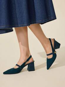 CUCCOO BASICS Women's Fashion Fabric Back Strap Chunky Heel Pointed Toe PU Leather Casual Slingback Pumps, Suitable For Commuting, Date, Party, Vacation For Christmas Spring Shoes - Dark Green - View 3