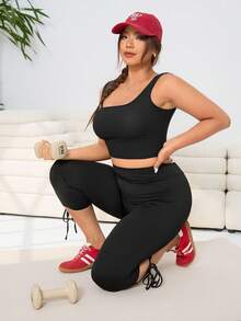 Solflare 春夏新款休闲百搭打底裤，适合外出、日常穿着、派对、音乐节、返校、毕业典礼、度假、街头风、居家休闲、瑜伽、健身、探索、城市漫步等多种场合，可外穿或内搭，镂空肩带设计，高弹针织面料，修身剪裁，七分裤长，黑色，大码可选 - 黑色 - 查看 6