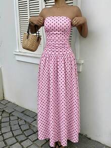 Vestido bandeau con cintura ceñida y estampado de lunares, estilo vacacional - Iron Gray - Ver 4