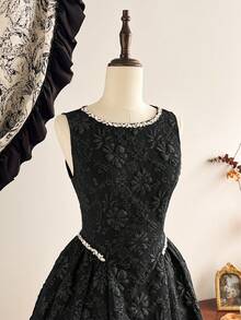 Vintamour Đầm nữ cổ điển thanh lịch, đầm jacquard ôm dáng mùa xuân/hè đính đá, đầm ngắn màu đen dáng xòe. - màu đen - Xem 3