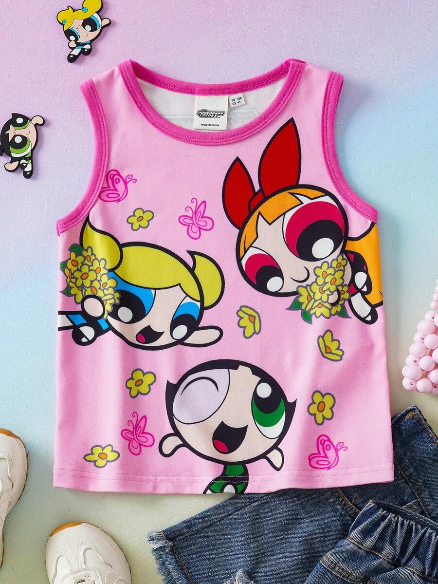 THE POWERPUFF GIRLS X SHEIN Young Girl Cartoon Print Round Neck Short Sleeve Top And Mini Skirt Casual Loungewear Set - Pink - View 1