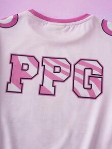 THE POWERPUFF GIRLS X SHEIN 少女休闲卡通字母印花T恤，夏季 - 粉色 - 查看 8