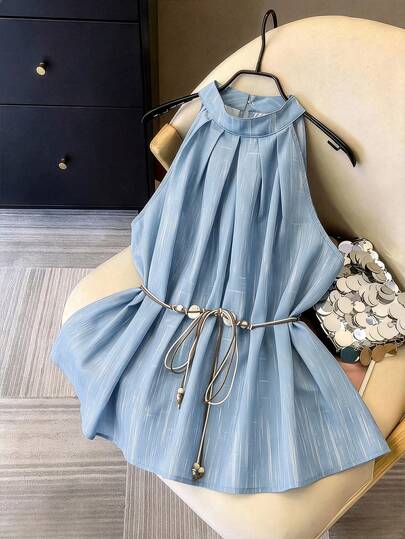 GlowEve CURVE 女士加大码浅蓝色扎染渐变印花无袖褶皱上衣，饰有贝壳串珠，配双色腰带，休闲百搭夏季衬衫，适合度假、约会、工作等场合。