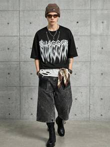 ROMWE MEN Grunge Punk 男士荆棘深色字母装饰圆领链条短袖T恤 - 黑色 - 查看 12