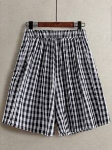Linhara Pantaloncini estivi casual/comodi da donna taglie forti, a quadri bianchi e neri, con vita elastica, orlo arrotondato, design con spacco e decorazione con nodo cinese e bottoni - Multicolore - Visualizzare 2