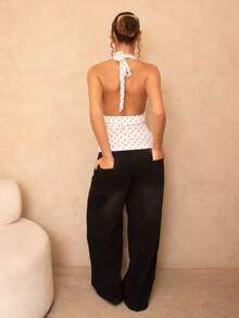 juhmazzocco Women's Halter Deep V-Neck Ruched A-Line Backless Polka Dot Camisole - White - View 2