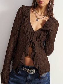 Blusa de manga larga con volantes de encaje de punto de unicolor casual bohemio para mujer - Marrón Chocolate - Ver 5