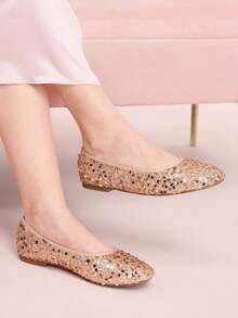 CUCCOO DOLLMOD Sepatu Balet Wanita Minimalis Berkilau Ujung Bulat yang Lucu, Bahan Payet, Cocok untuk Semua Musim dan Acara - Berwarna merah muda - View 1