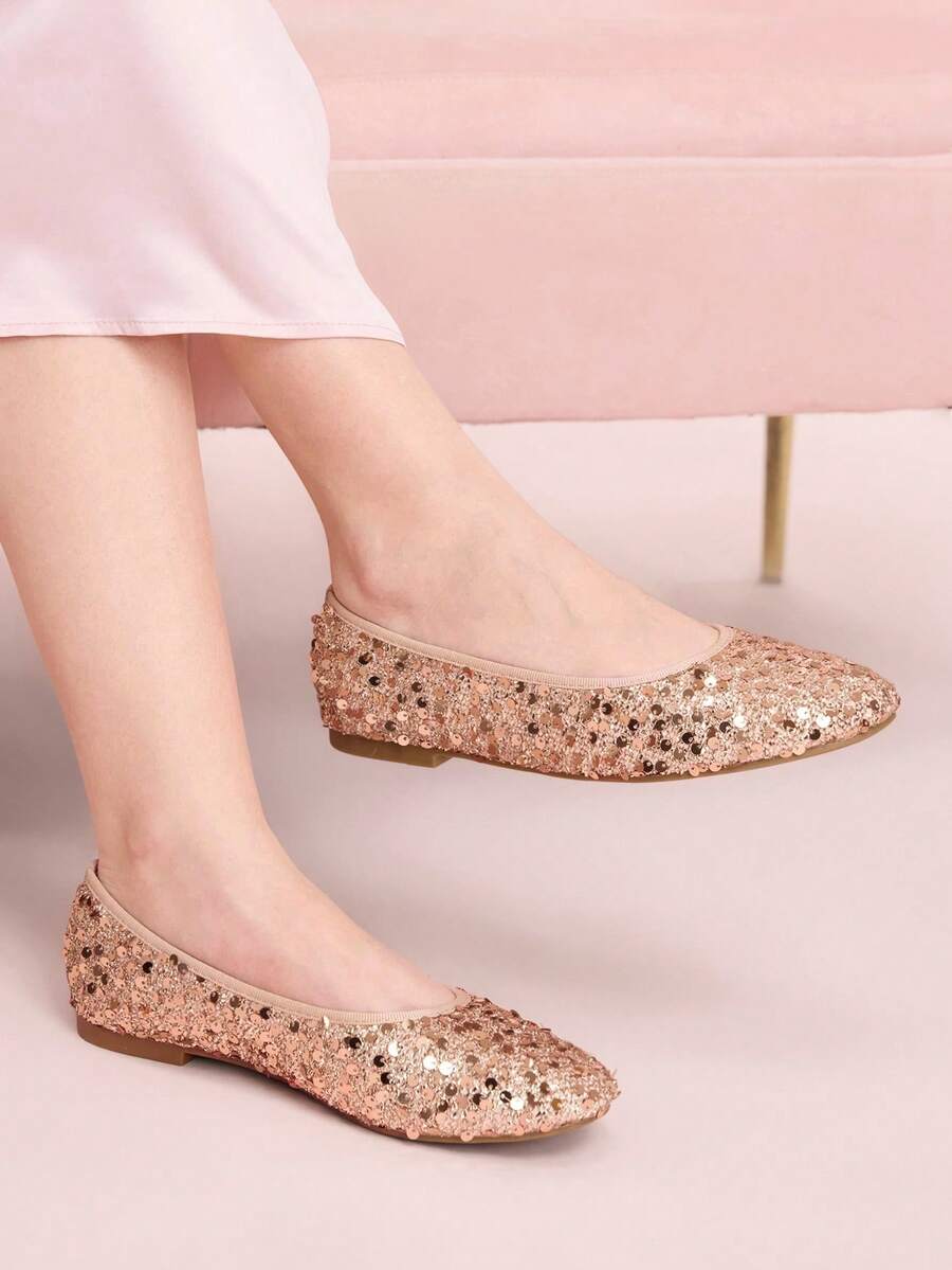 CUCCOO DOLLMOD Sepatu Balet Wanita Minimalis Berkilau Ujung Bulat yang Lucu, Bahan Payet, Cocok untuk Semua Musim dan Acara - Berwarna merah muda - View 1