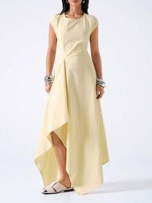 LYSMO 淡黃色極簡風夏季茶會女款洋裝，優雅圓領短袖不對稱下擺抓褶婚禮賓客畢業典禮禮服 - 杏色 - 查看 4