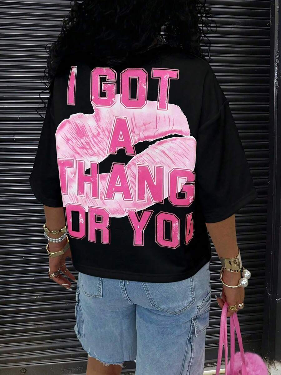 Rovax Women's Round Neck Letter & Lip Print Casual Versatile Daily Wear Short Sleeve T-Shirt - Multicolor - View 1