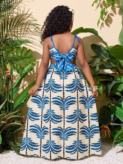 Travachic KIDS 少女度假休闲蓝白碎花吊带裙