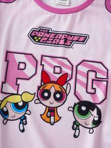 THE POWERPUFF GIRLS X SHEIN 少女休闲卡通字母印花T恤，夏季 - 粉色 - 查看 7