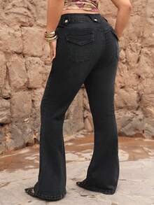 Jeanoix 大码女式Y2K弹力牛仔裤，高腰弹力复古水洗喇叭修身牛仔裤，春夏款 - 黑色 - 查看 2